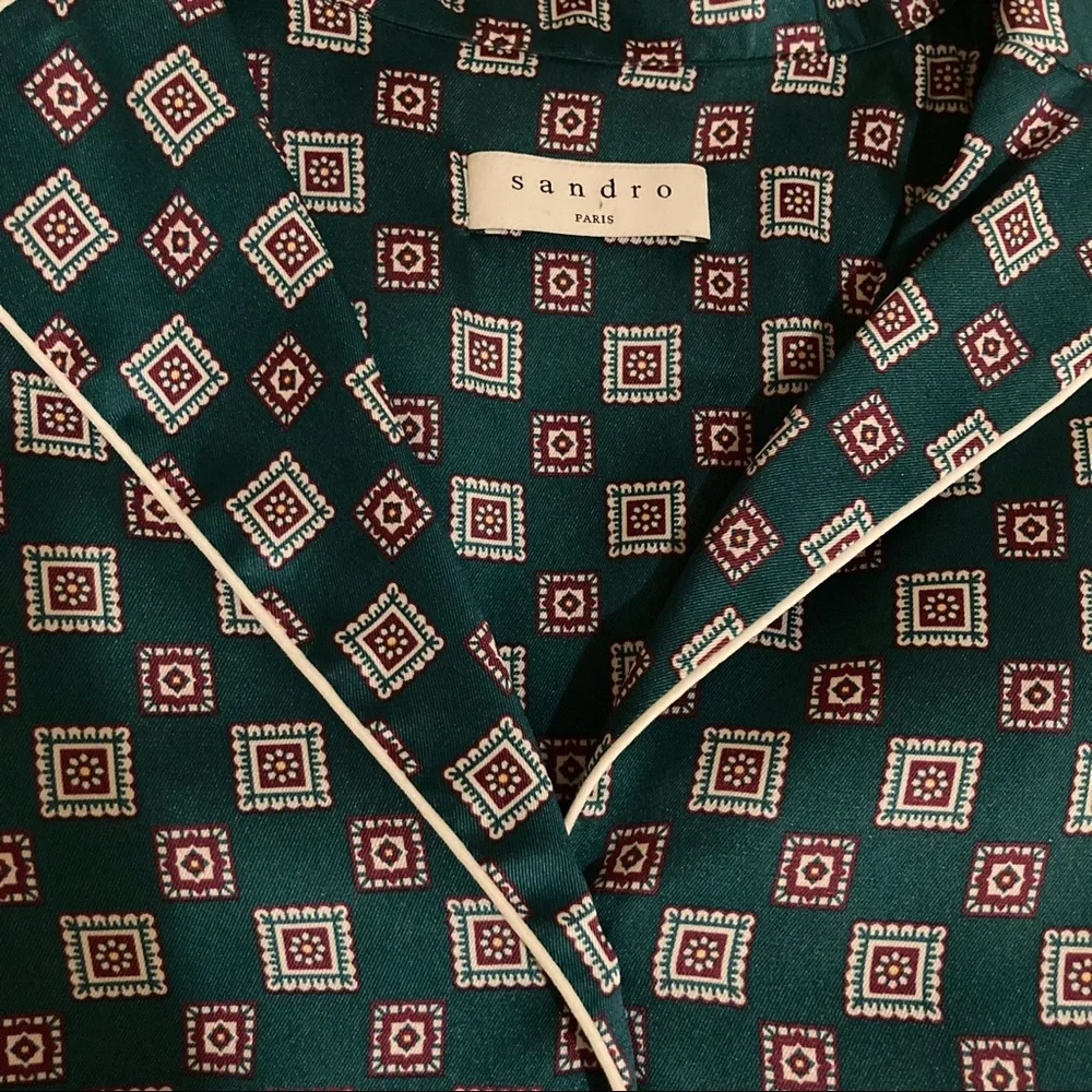 Donated | Sandro | Emerald Green Tile-print Satin Blouse - Picture 4 of 6